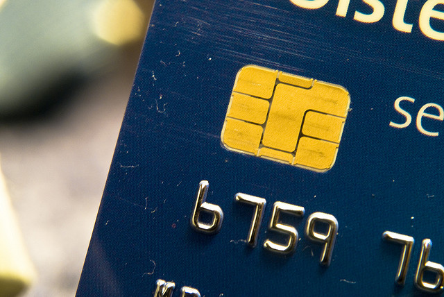 Closeup of a worn debit card