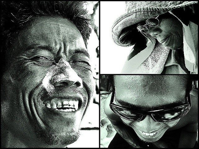 Closeup B&W portraits of Kuta beach people