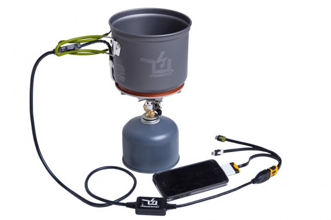 The PowerPot V thermoelectric generator charging an iPhone